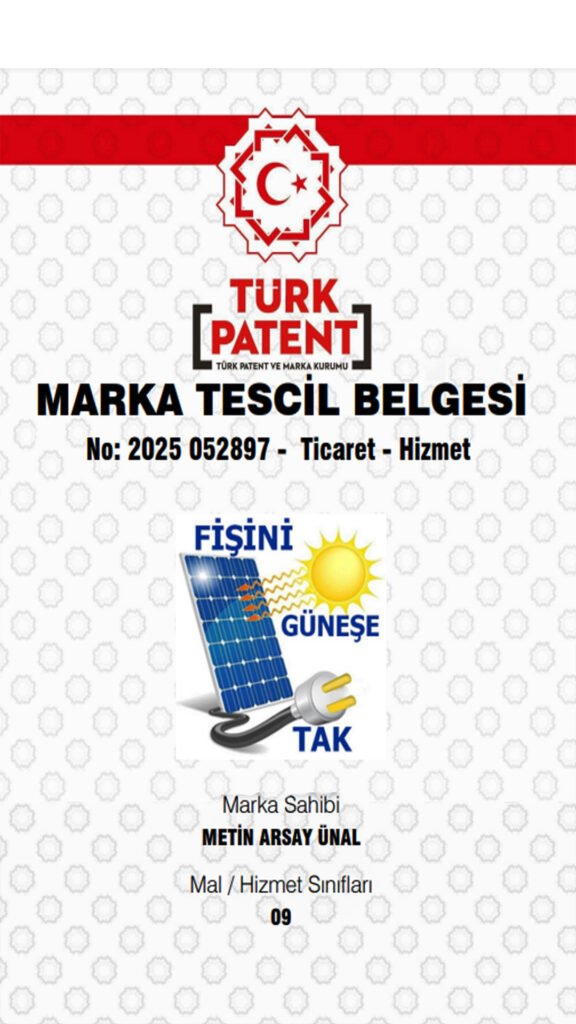 Fişini Güneşe Tak  patent ve marka tescil belgesi